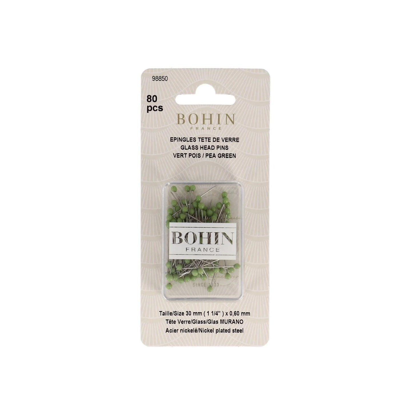 GLASS HEAD PINS - 1 "3/16 - BLISTER80pcs-Pea Green