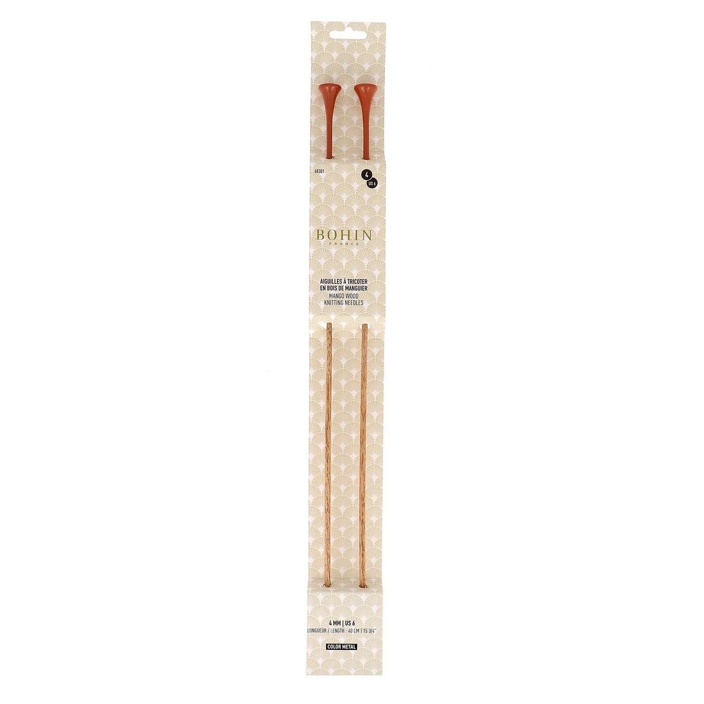 KNITTING NEEDLES-WOOD-15.5''-N°4-US Sz6-Orange-Blister x2