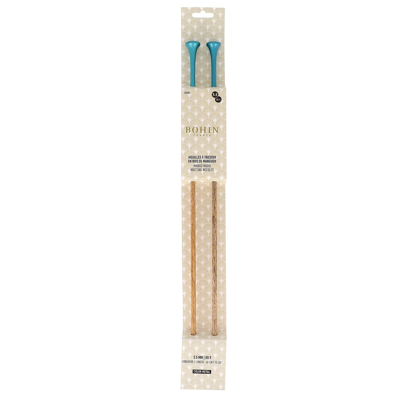 KNITTING NEEDLES-WOOD-15.5''-N°5,5 Sz9-Turquoise-Blister x2