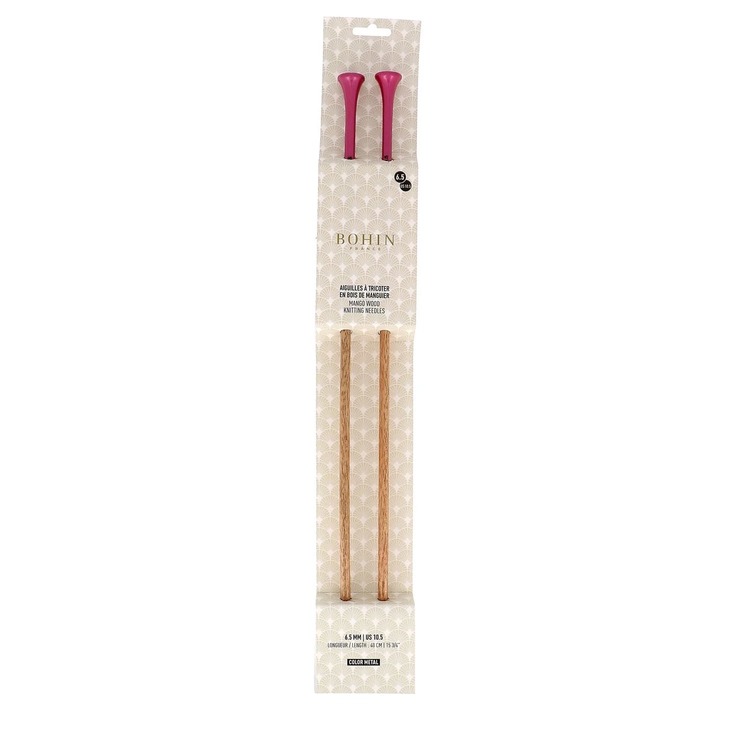 KNITTING NEEDLES-WOOD-15.5''-N°6.5-US Sz10.5-Fuchsia-Blister x2