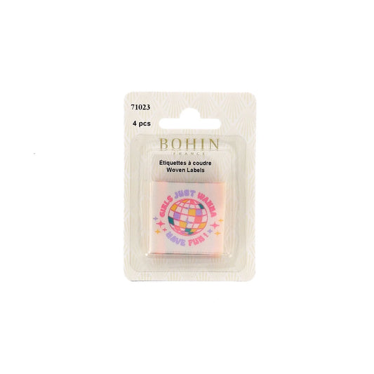 SEW-ON WOVEN LABEL - GIRLS JUST WANNA HAVE FUN - BLISTER X 4