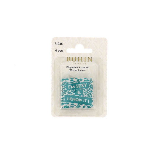 SEW-ON WOVEN LABEL - I'M SEXY AND I KNOW IT - BLISTER X 4