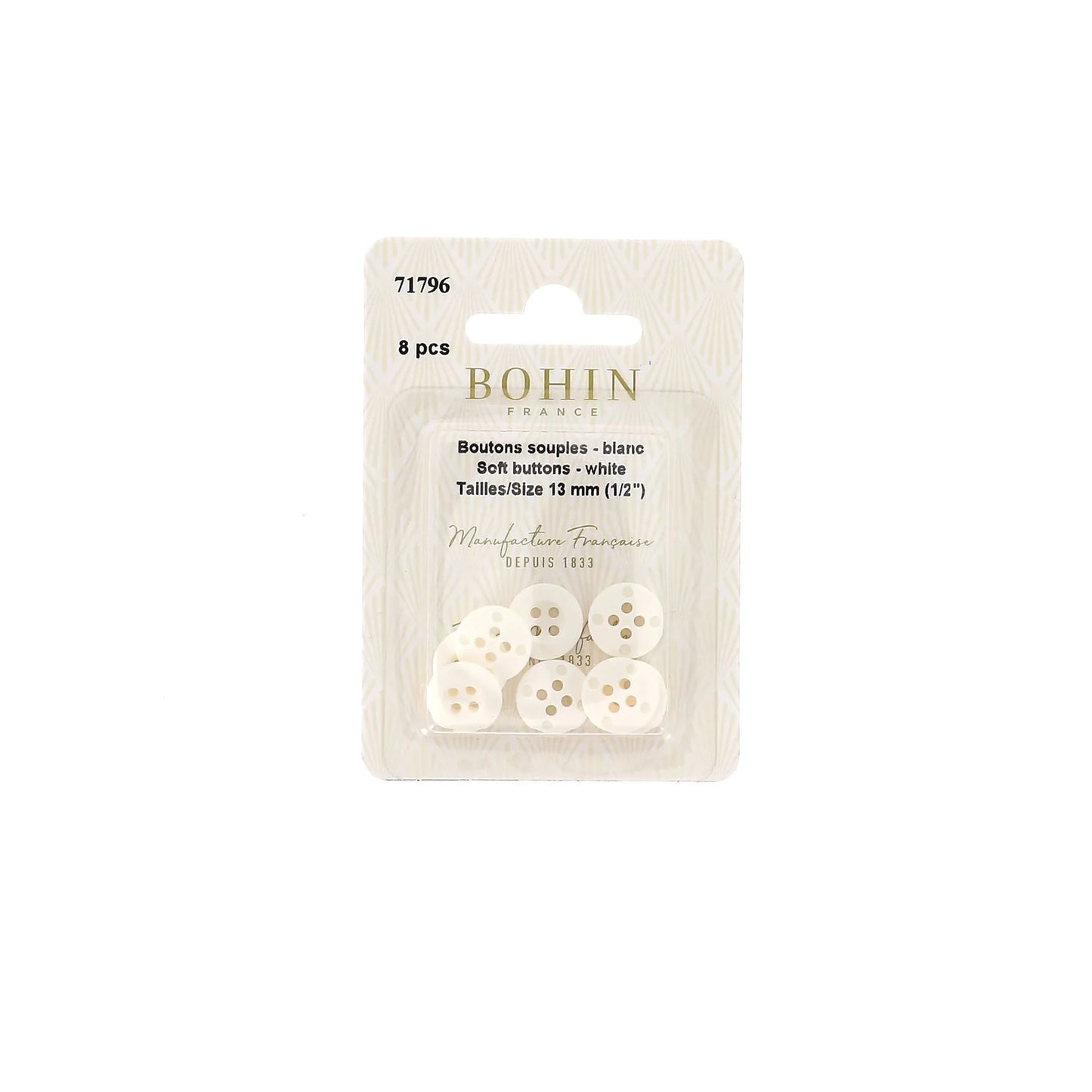 SEW-ON BUTTONS PLASTIC-13MM 1/2''-WHITE Blister x8