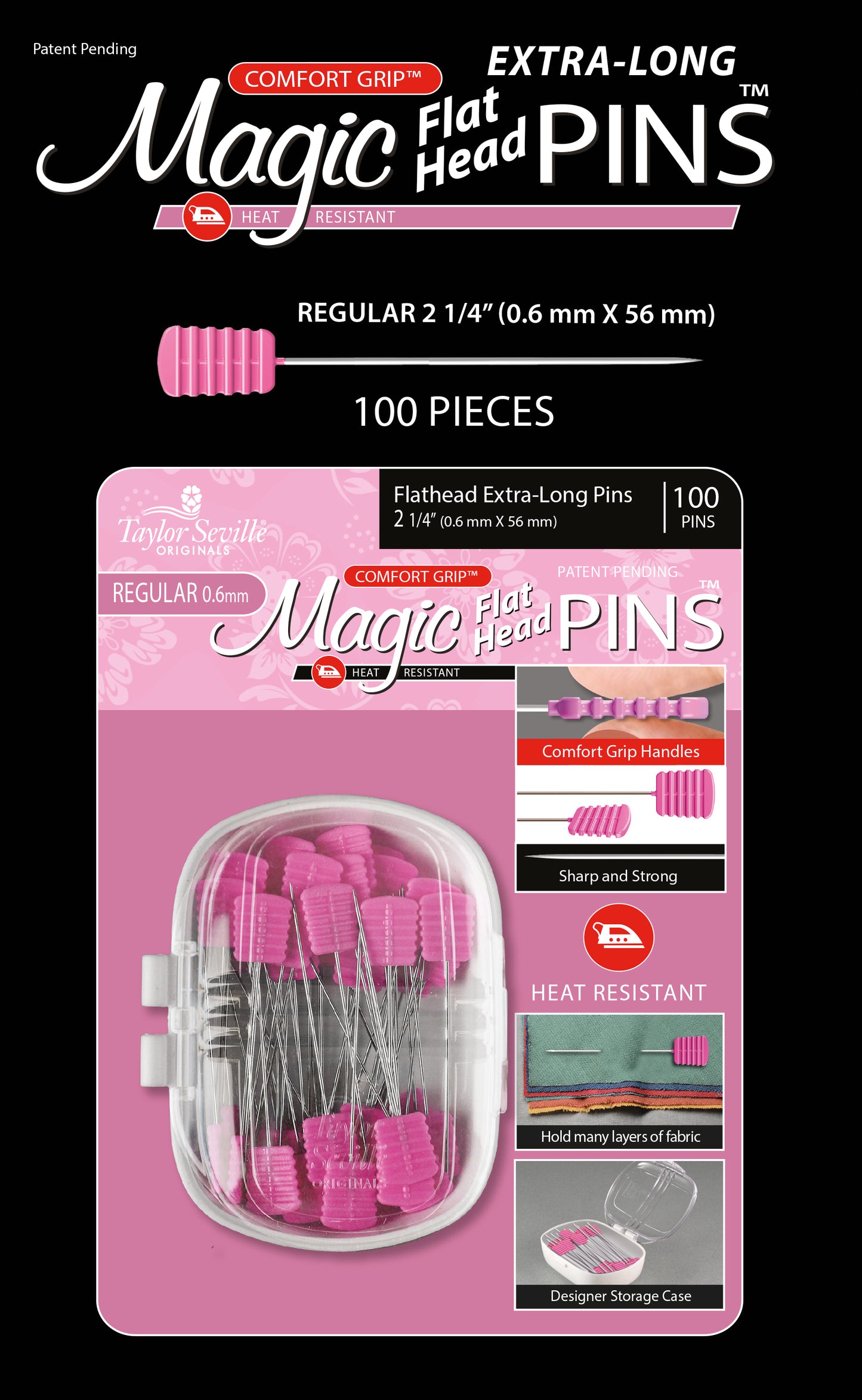 Magic Pins Flathead EXTRA LONG REG 0.6 MM 100 pc PINK