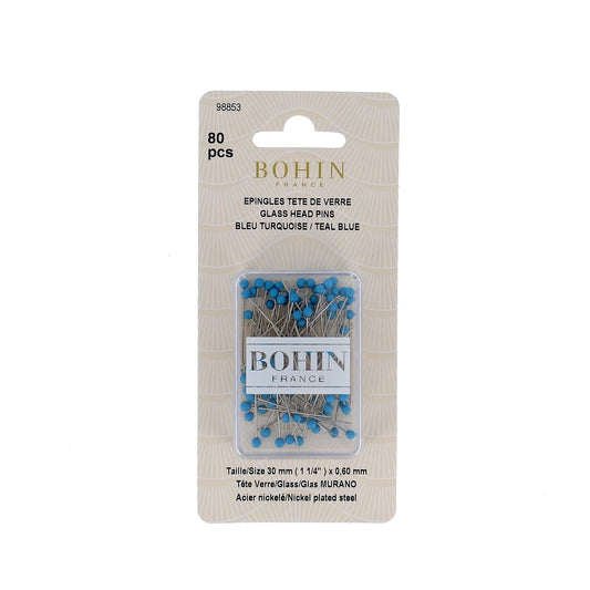 GLASS HEAD PINS - 1 "3/16 - BLISTER80pcs-Teal Blue