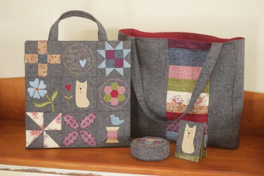 D352 BY MY HAND SEWING SET; BLOCK KEEPER, PINCUSHION, NEEDLEBOOK AND BAG