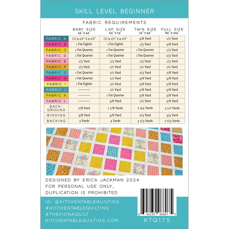 KTQ175 The Fiona Quilt Pattern by Kitchen Table Quilting